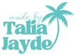 Brand logo with 'made by Talia Jayde' text and a palm tree on a white background
